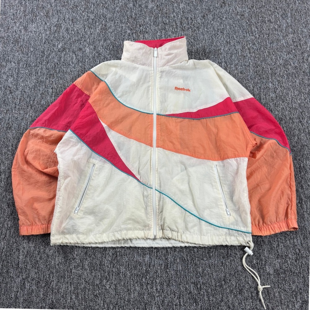 90s Vintage Reebok Windbreaker Jacket Colorblock White Pink Orange Medium